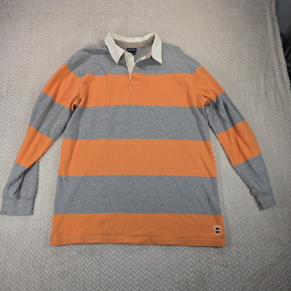 Cherokee Boys XL 14/16 Rugby Shirt Grey Orange Striped Long Sleeve Polo Logo
